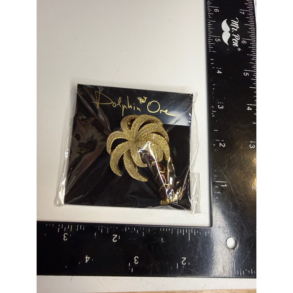 Dolphin Ore Palm Tree Brooch Gold Tone Brown Enamel Tropical Pin DB-1502G